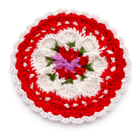 Red Floral Crochet Cotton Yarn Handcrafted Doily